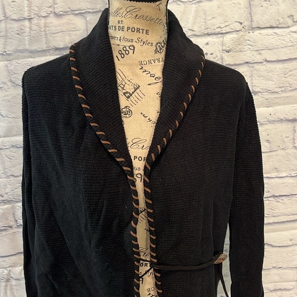 LRL Wrap Cardigan Sweater Linen Blend Concho Button Faux Leather Trim Size XS - Picture 2 of 12